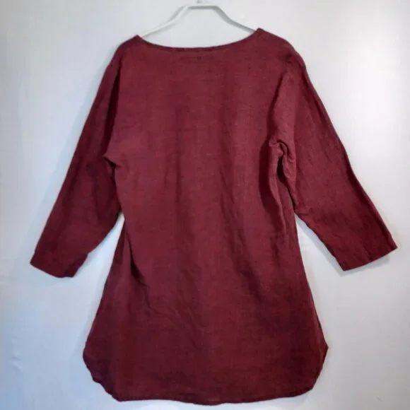 FLAX Tunic Top 3/4 Sleeve Round Neck Popover Maroon Wine Color Womens size P - Picture 7 of 10